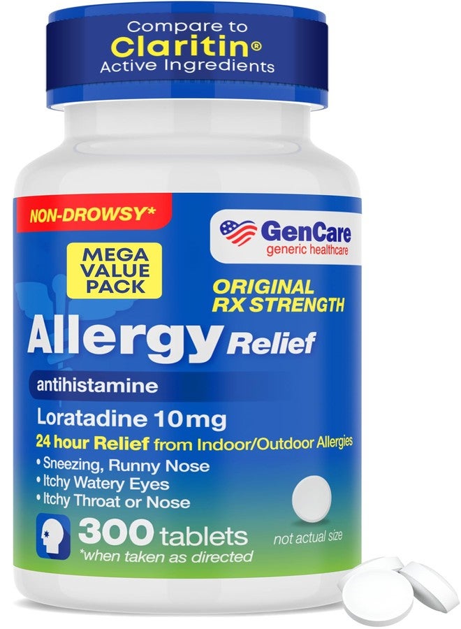 GenCare 24 Hour Nondrowsy Allergy Relief Tablets – Loratadine 10mg 300 Count – Daily Allergy Medicine Non Drowsy Antihistamine for Adults & Kids Age 6+, Generic for Clariten 10 mg, Single Tablet Dose - Image 1